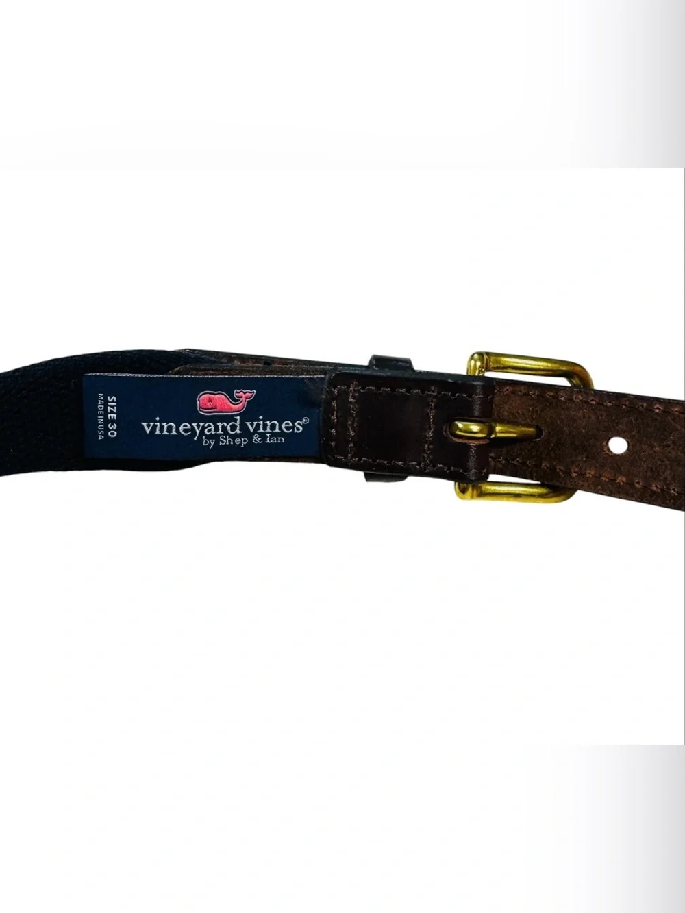Vineyard Vines Pink Whale Pattern Web Belt with Brown Leather Men’s Sz. 30